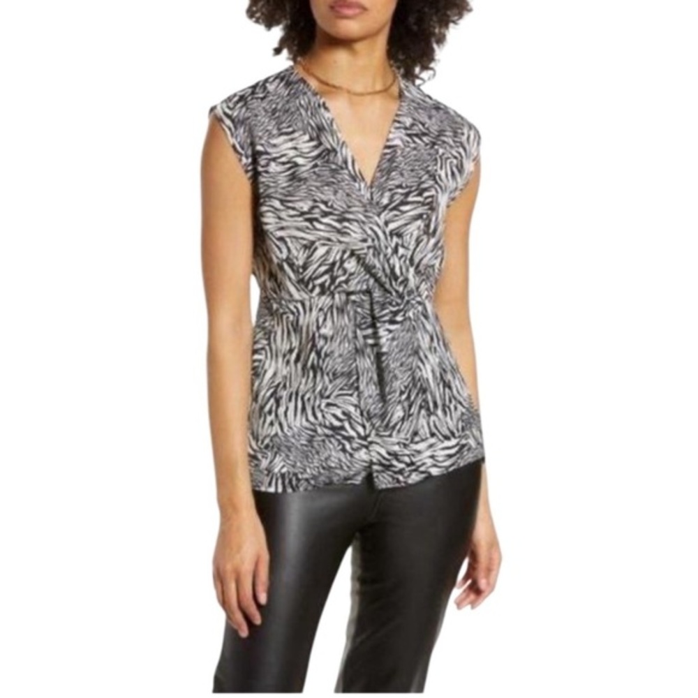 Halogen‎ top XS twist front black ivory surplice V-neck animal print draped NWOT